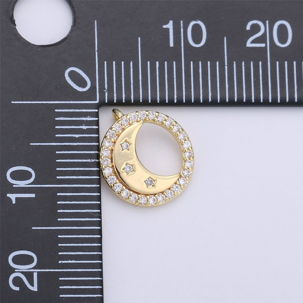 14K Gold plated Celestial Crescent Moon Stars Micro Paved CZ Back Loop Circular Charm | C129 