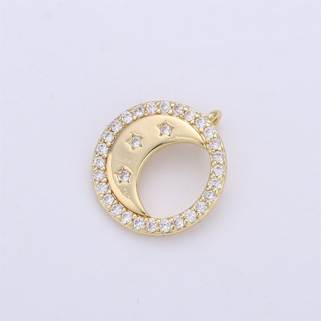 14K Gold plated Celestial Crescent Moon Stars Micro Paved CZ Back Loop Circular Charm | C129 