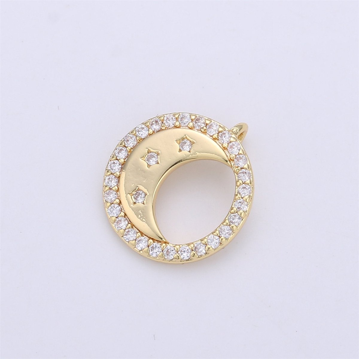 14K Gold plated Celestial Crescent Moon Stars Micro Paved CZ Back Loop Circular Charm | C129 