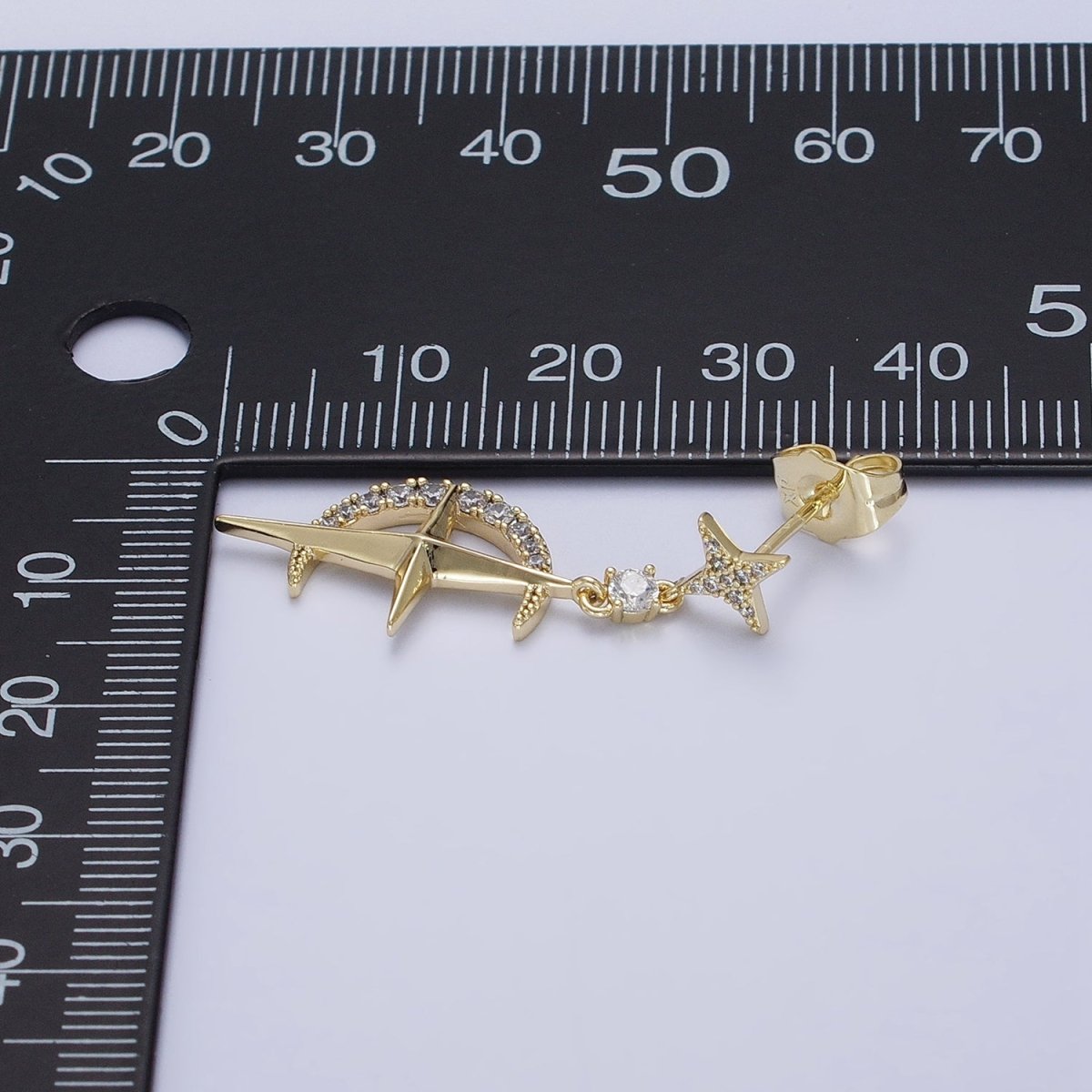 14K Gold plated Celestial Crescent Moon Stars Micro Paved CZ Drop Stud Earrings Set | AD1469 - DLUXCA