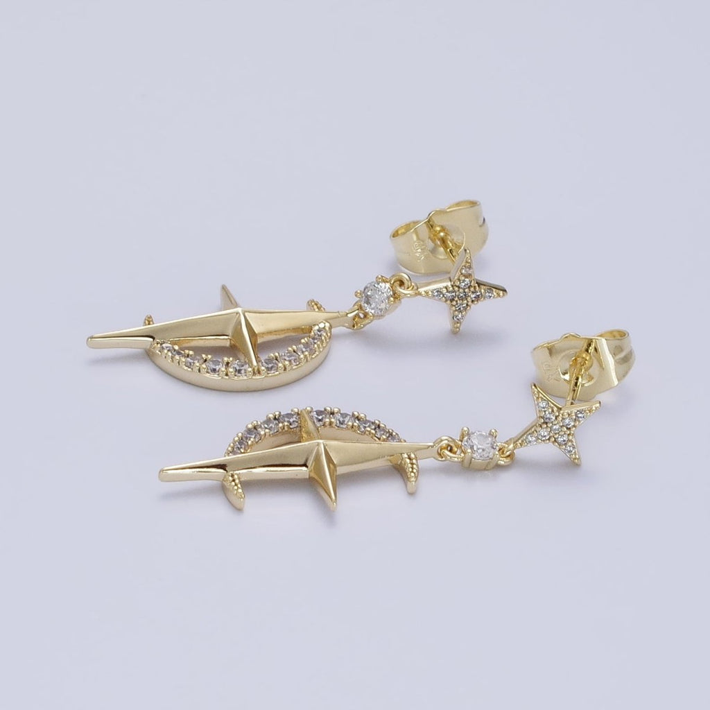 14K Gold plated Celestial Crescent Moon Stars Micro Paved CZ Drop Stud Earrings Set | AD1469 - DLUXCA