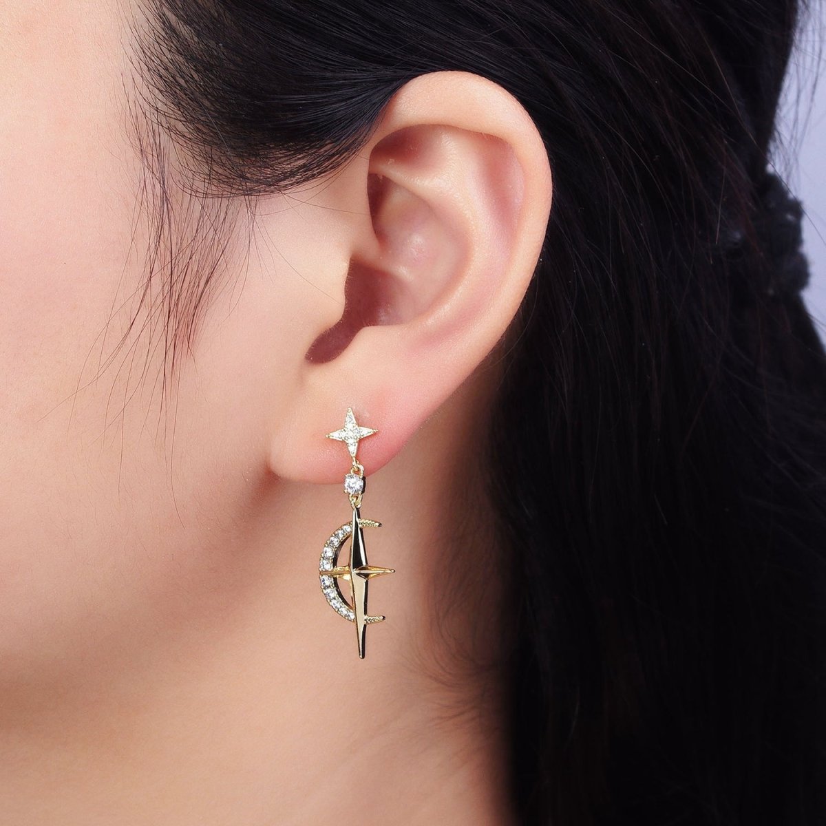 14K Gold plated Celestial Crescent Moon Stars Micro Paved CZ Drop Stud Earrings Set | AD1469 - DLUXCA