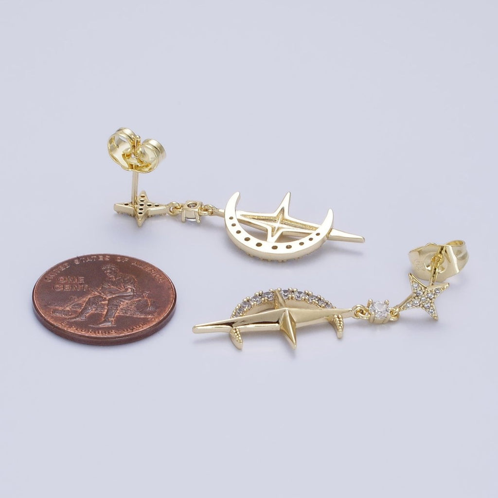 14K Gold plated Celestial Crescent Moon Stars Micro Paved CZ Drop Stud Earrings Set | AD1469 - DLUXCA