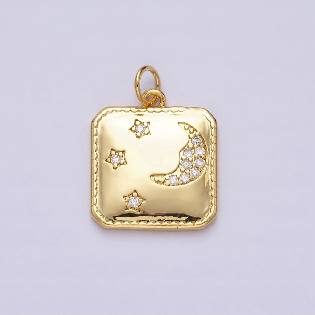 14K Gold plated Celestial Crescent Moon Triple Stars CZ Micro Paved Hexagonal Square Charm | AC1034 - DLUXCA