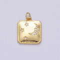 14K Gold plated Celestial Crescent Moon Triple Stars CZ Micro Paved Hexagonal Square Charm | AC1034 - DLUXCA