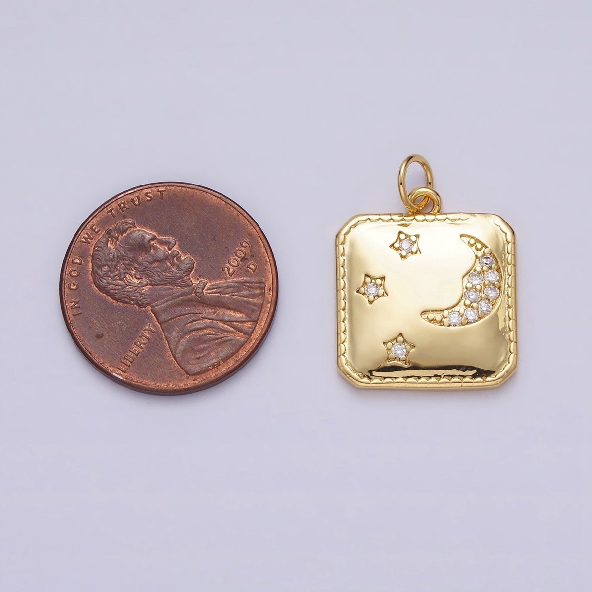 14K Gold plated Celestial Crescent Moon Triple Stars CZ Micro Paved Hexagonal Square Charm | AC1034 - DLUXCA