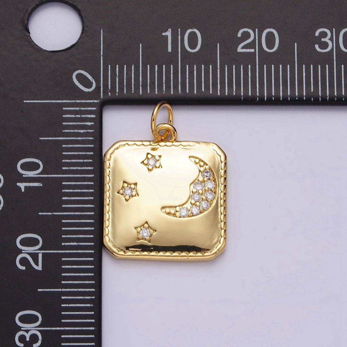 14K Gold plated Celestial Crescent Moon Triple Stars CZ Micro Paved Hexagonal Square Charm | AC1034 - DLUXCA
