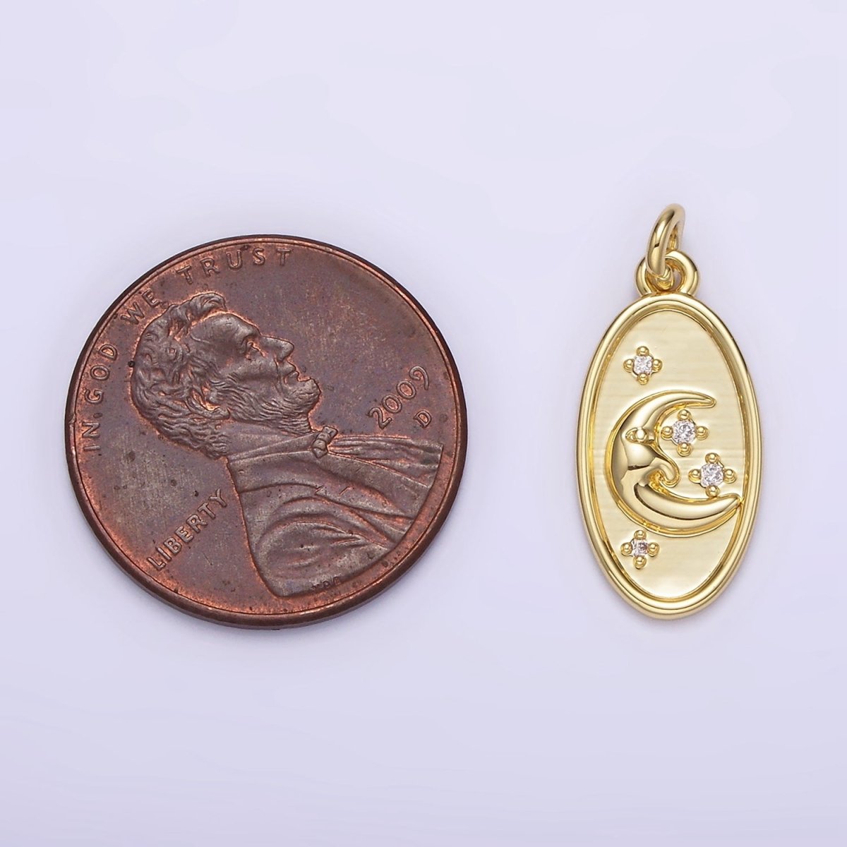 14K Gold plated Celestial Crescent Stars CZ Oval Charm | AG300 - DLUXCA
