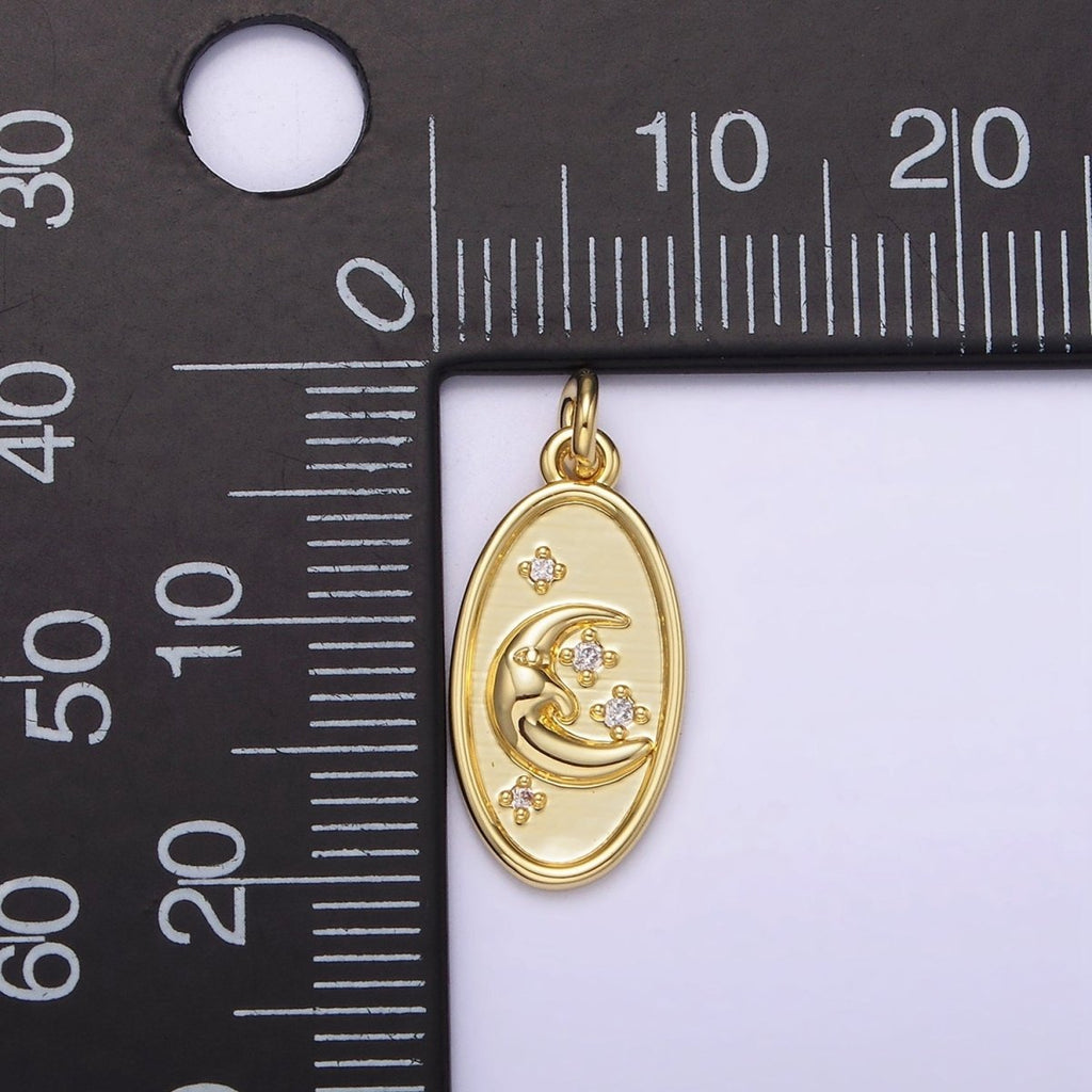 14K Gold plated Celestial Crescent Stars CZ Oval Charm | AG300 - DLUXCA
