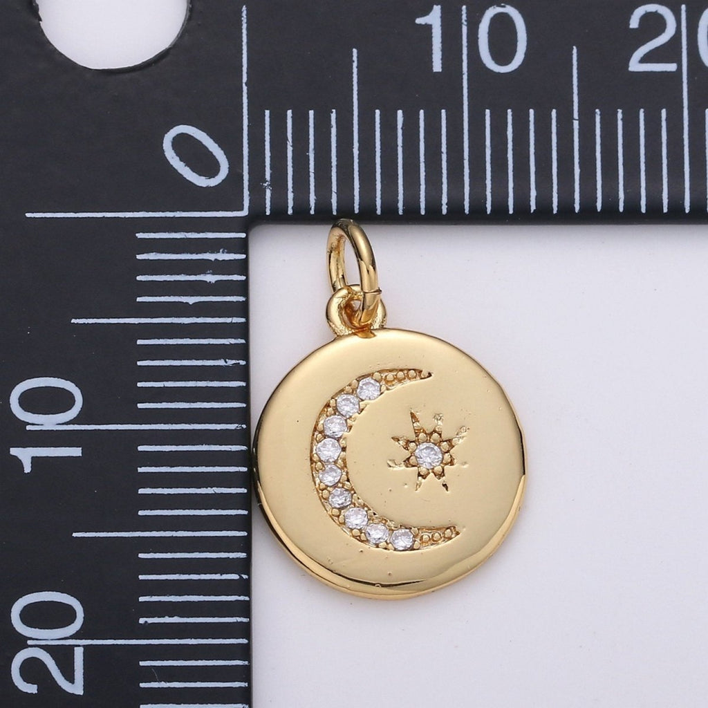 14k Gold plated Celestial Disc Pendant Micro Pave Moon Pendant Star Charm for Necklace Bracelet Component D-104 - DLUXCA