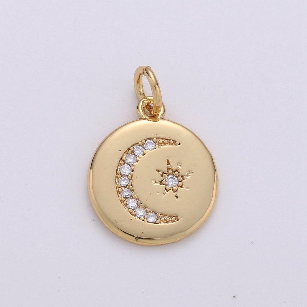 14k Gold plated Celestial Disc Pendant Micro Pave Moon Pendant Star Charm for Necklace Bracelet Component D-104 - DLUXCA