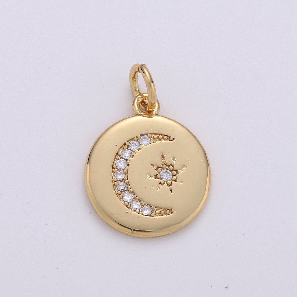 14k Gold plated Celestial Disc Pendant Micro Pave Moon Pendant Star Charm for Necklace Bracelet Component D-104 - DLUXCA
