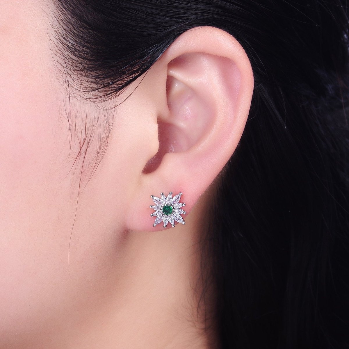 14K Gold plated Celestial Emerald Green Flower Marquise Petal Stud Earrings in Gold & Silver | AD-587 AB1505