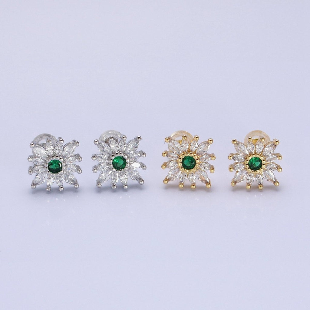 14K Gold plated Celestial Emerald Green Flower Marquise Petal Stud Earrings in Gold & Silver | AD-587 AB1505
