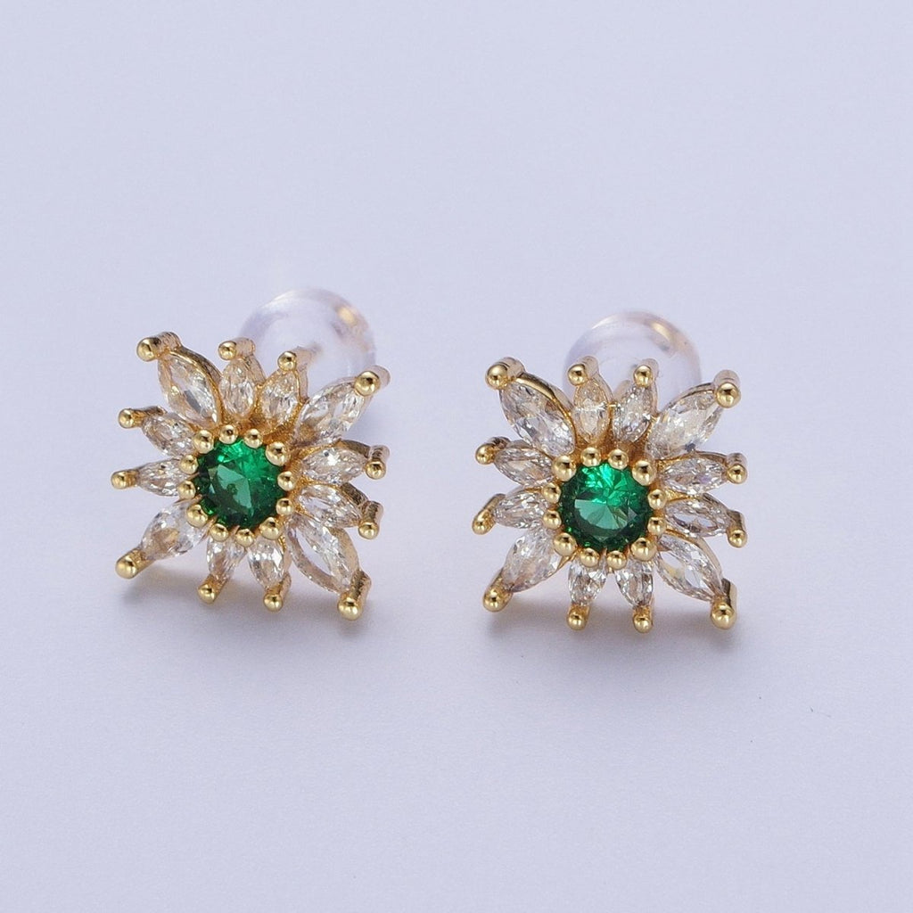 14K Gold plated Celestial Emerald Green Flower Marquise Petal Stud Earrings in Gold & Silver | AD-587 AB1505