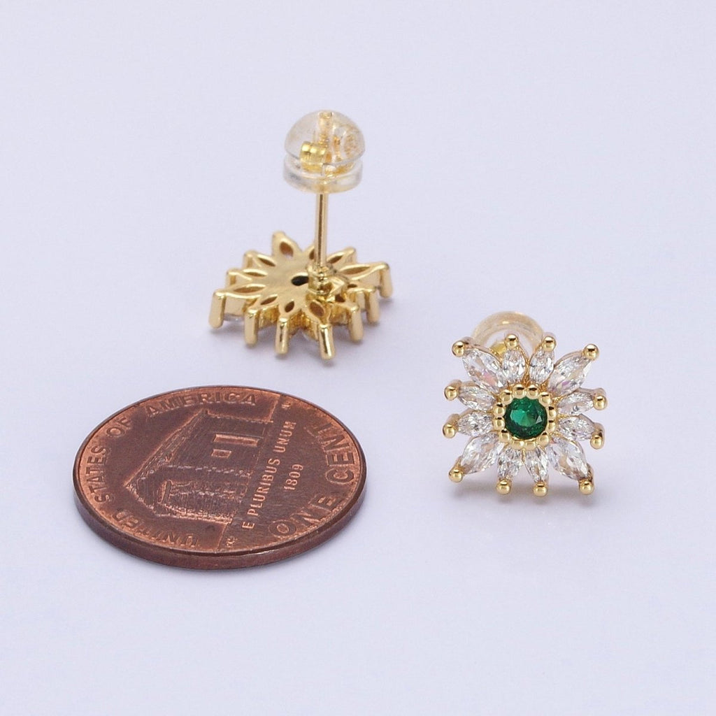 14K Gold plated Celestial Emerald Green Flower Marquise Petal Stud Earrings in Gold & Silver | AD-587 AB1505
