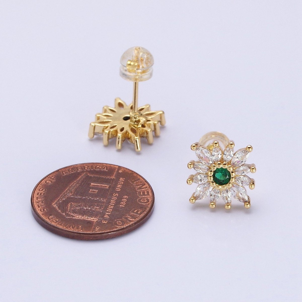 14K Gold plated Celestial Emerald Green Flower Marquise Petal Stud Earrings in Gold & Silver | AD-587 AB1505