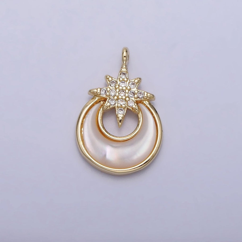 14K Gold plated Celestial North Star Crescent Moon Shell Pearl Charm | AC1049 - DLUXCA
