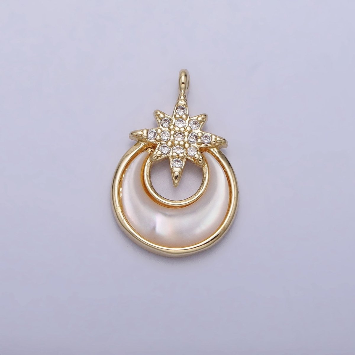 14K Gold plated Celestial North Star Crescent Moon Shell Pearl Charm | AC1049 - DLUXCA