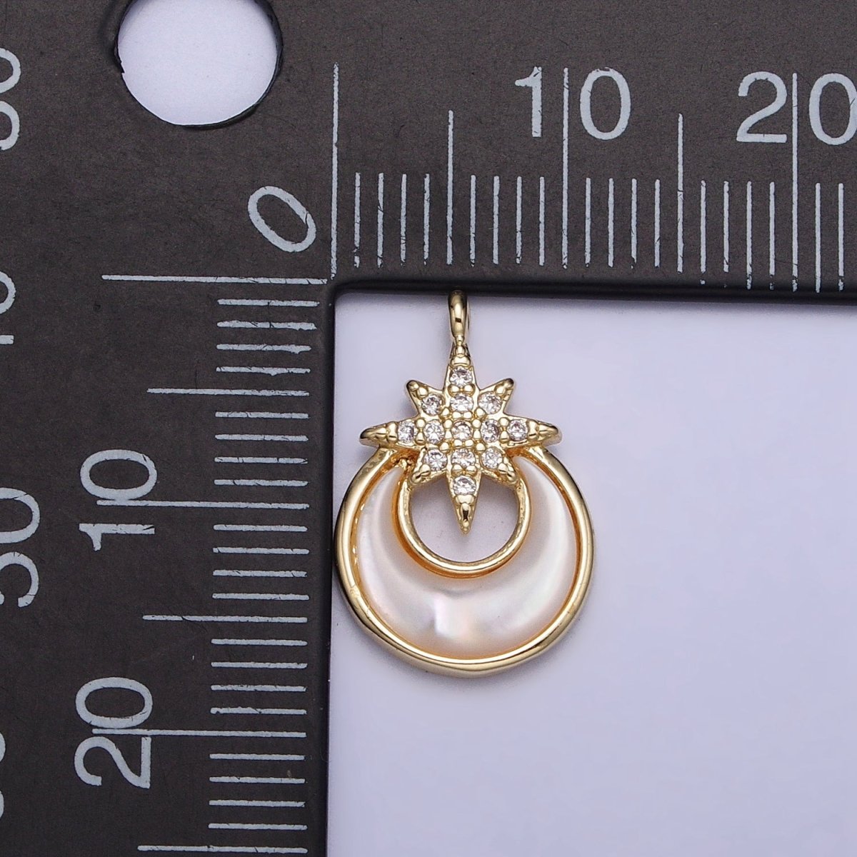 14K Gold plated Celestial North Star Crescent Moon Shell Pearl Charm | AC1049 - DLUXCA