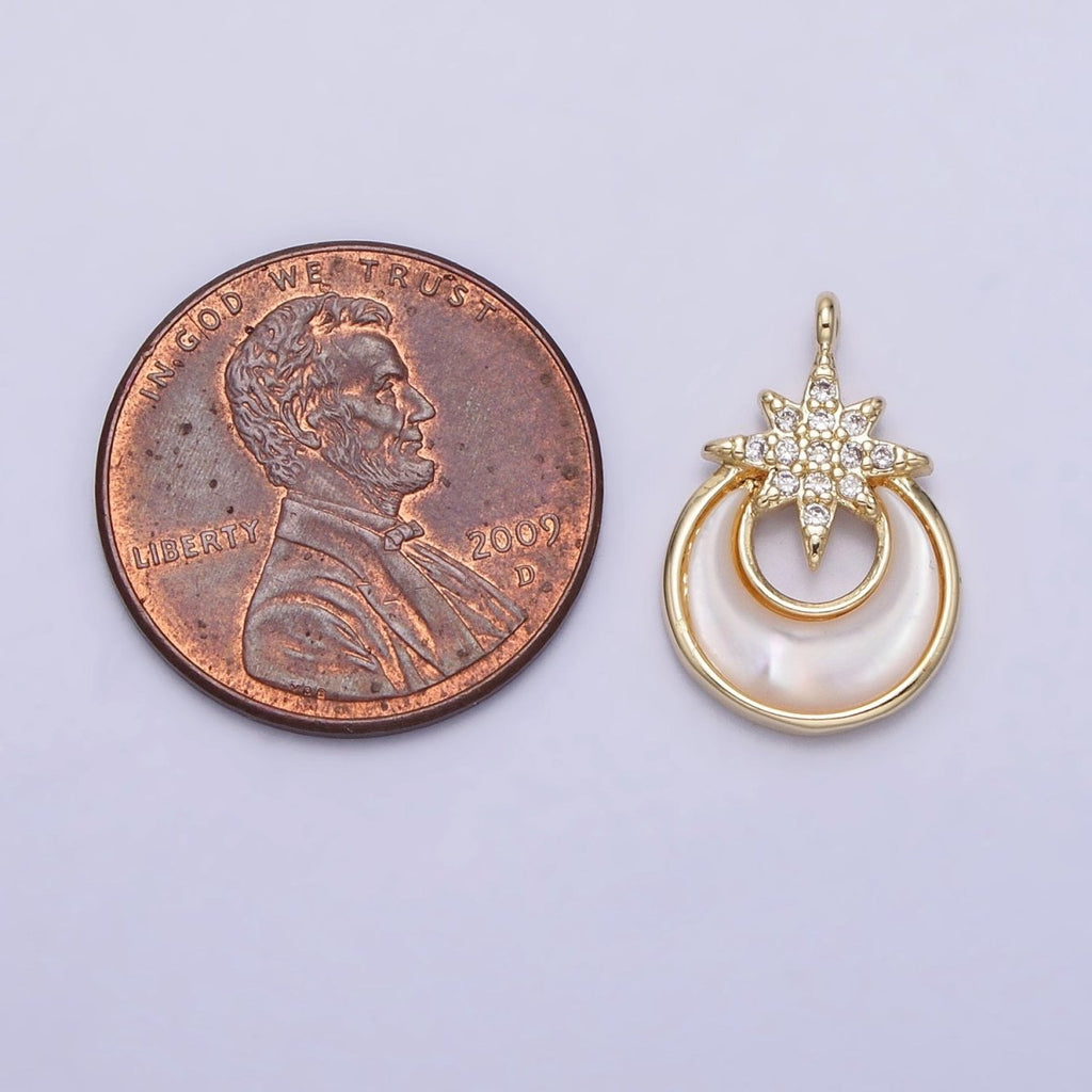14K Gold plated Celestial North Star Crescent Moon Shell Pearl Charm | AC1049 - DLUXCA