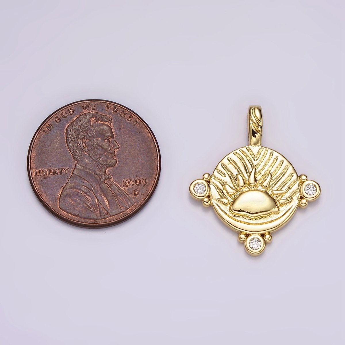 14K Gold plated Celestial Sea Ocean Sun Rise Set CZ Dotted Round Pendant | AH111 - DLUXCA