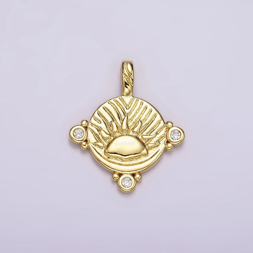 14K Gold plated Celestial Sea Ocean Sun Rise Set CZ Dotted Round Pendant | AH111 - DLUXCA
