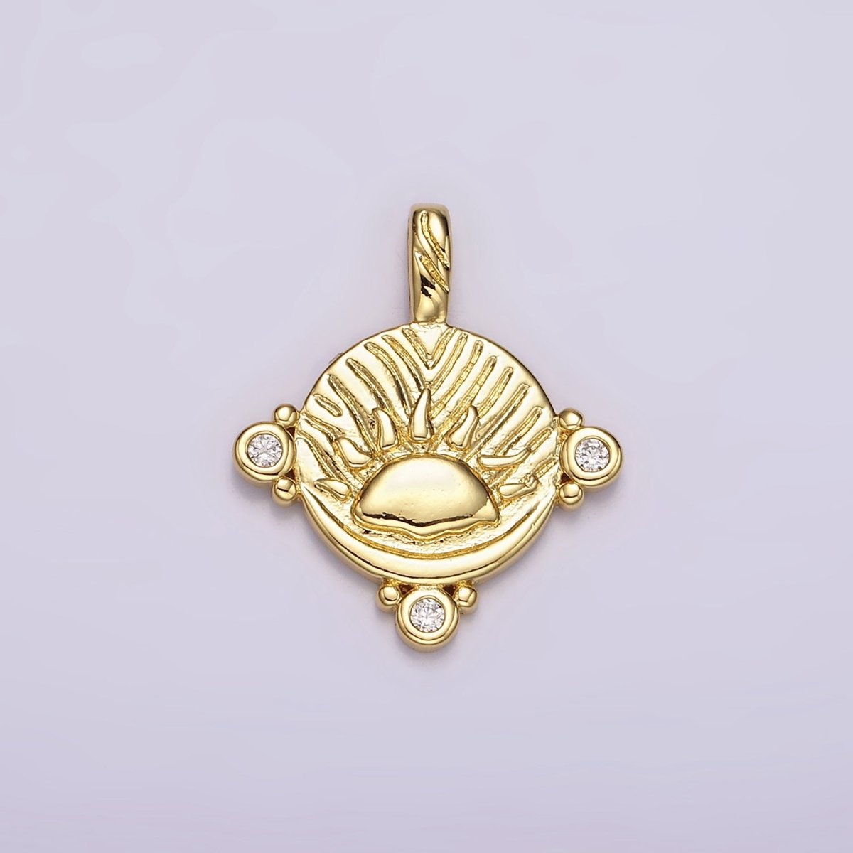 14K Gold plated Celestial Sea Ocean Sun Rise Set CZ Dotted Round Pendant | AH111 - DLUXCA