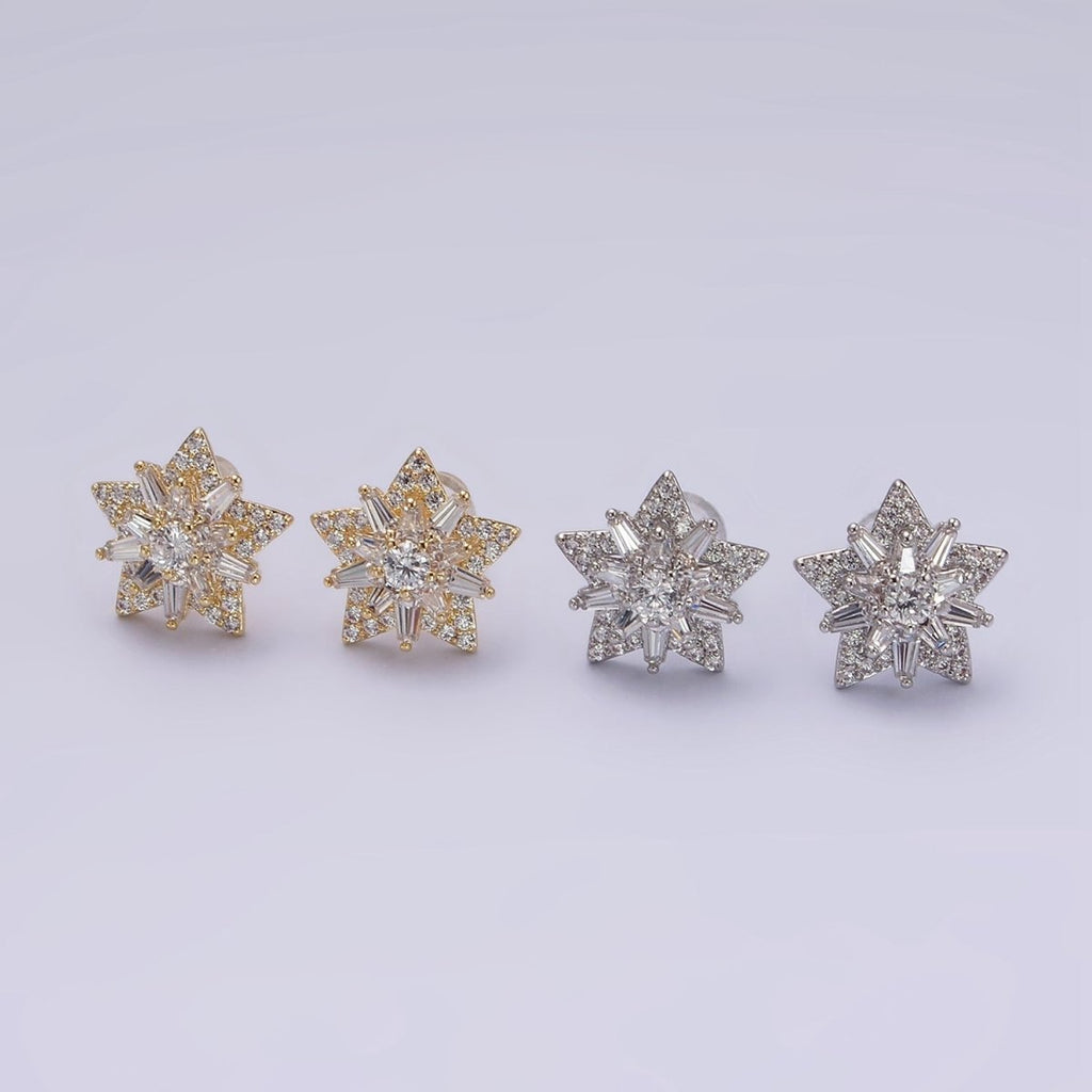 14K Gold plated Celestial Star Baguette Micro Paved CZ Stud Earrings in Gold & Silver | V271 V272 - DLUXCA