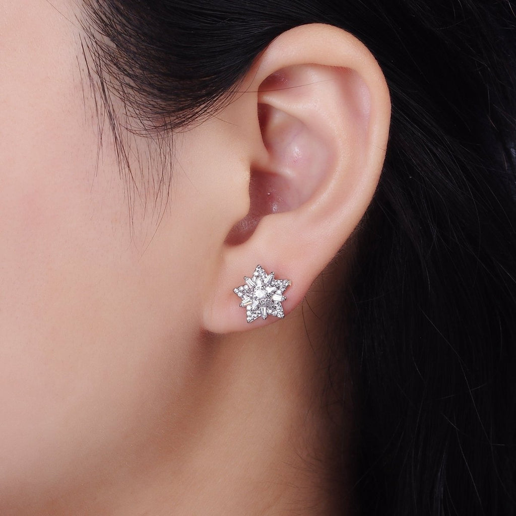 14K Gold plated Celestial Star Baguette Micro Paved CZ Stud Earrings in Gold & Silver | V271 V272 - DLUXCA