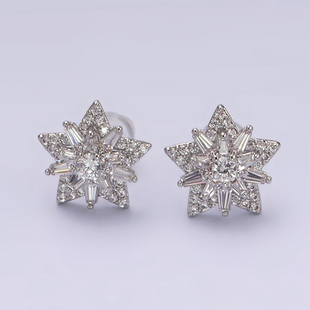 14K Gold plated Celestial Star Baguette Micro Paved CZ Stud Earrings in Gold & Silver | V271 V272 - DLUXCA
