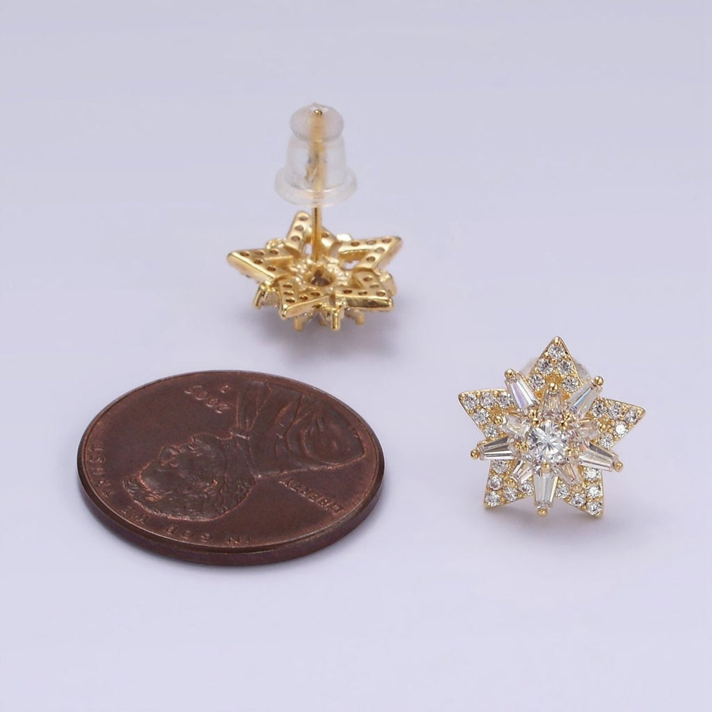 14K Gold plated Celestial Star Baguette Micro Paved CZ Stud Earrings in Gold & Silver | V271 V272 - DLUXCA