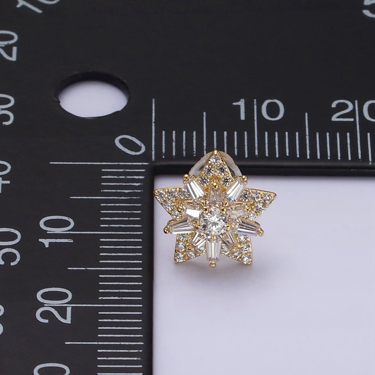 14K Gold plated Celestial Star Baguette Micro Paved CZ Stud Earrings in Gold & Silver | V271 V272 - DLUXCA