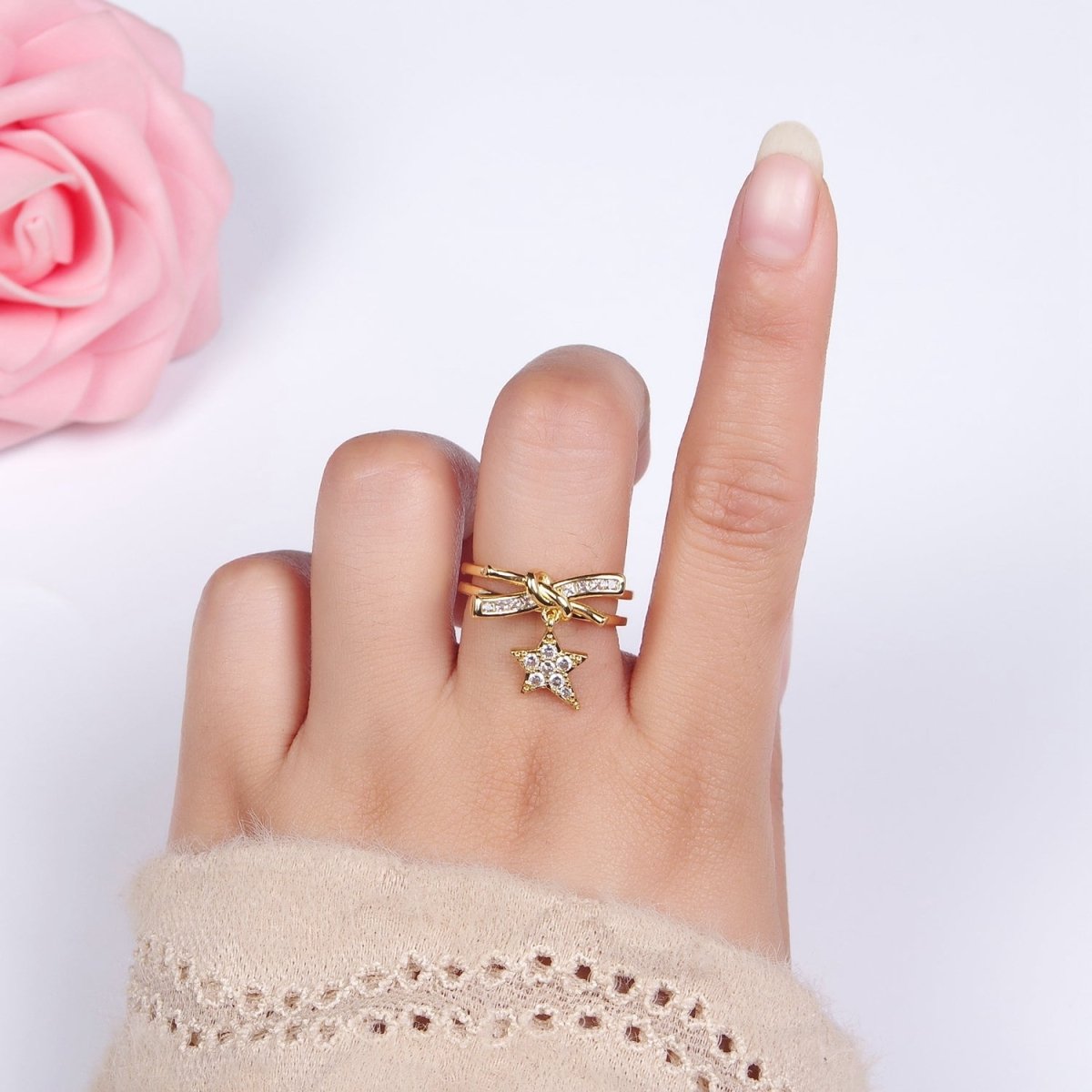 14K Gold plated Celestial Star Knot Micro Paved Double Band Ring | O1382 - DLUXCA