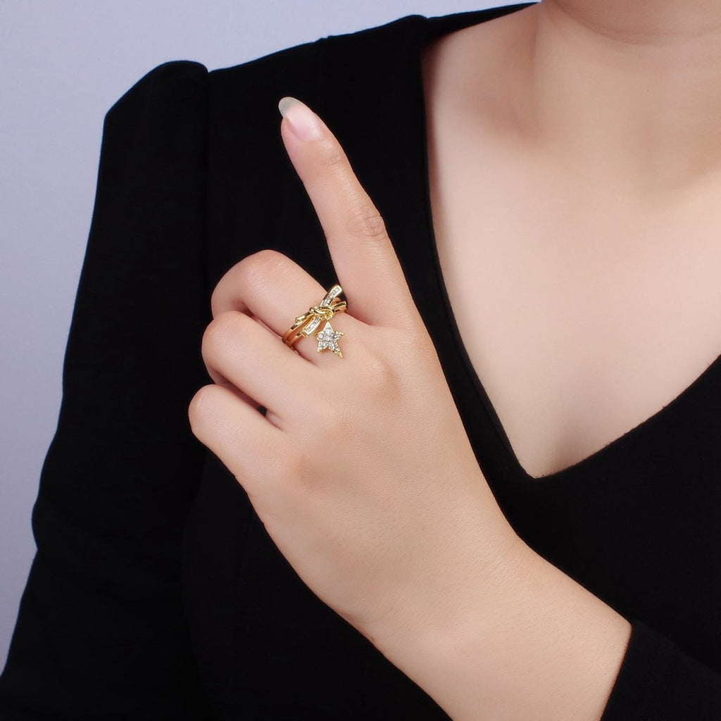 14K Gold plated Celestial Star Knot Micro Paved Double Band Ring | O1382 - DLUXCA