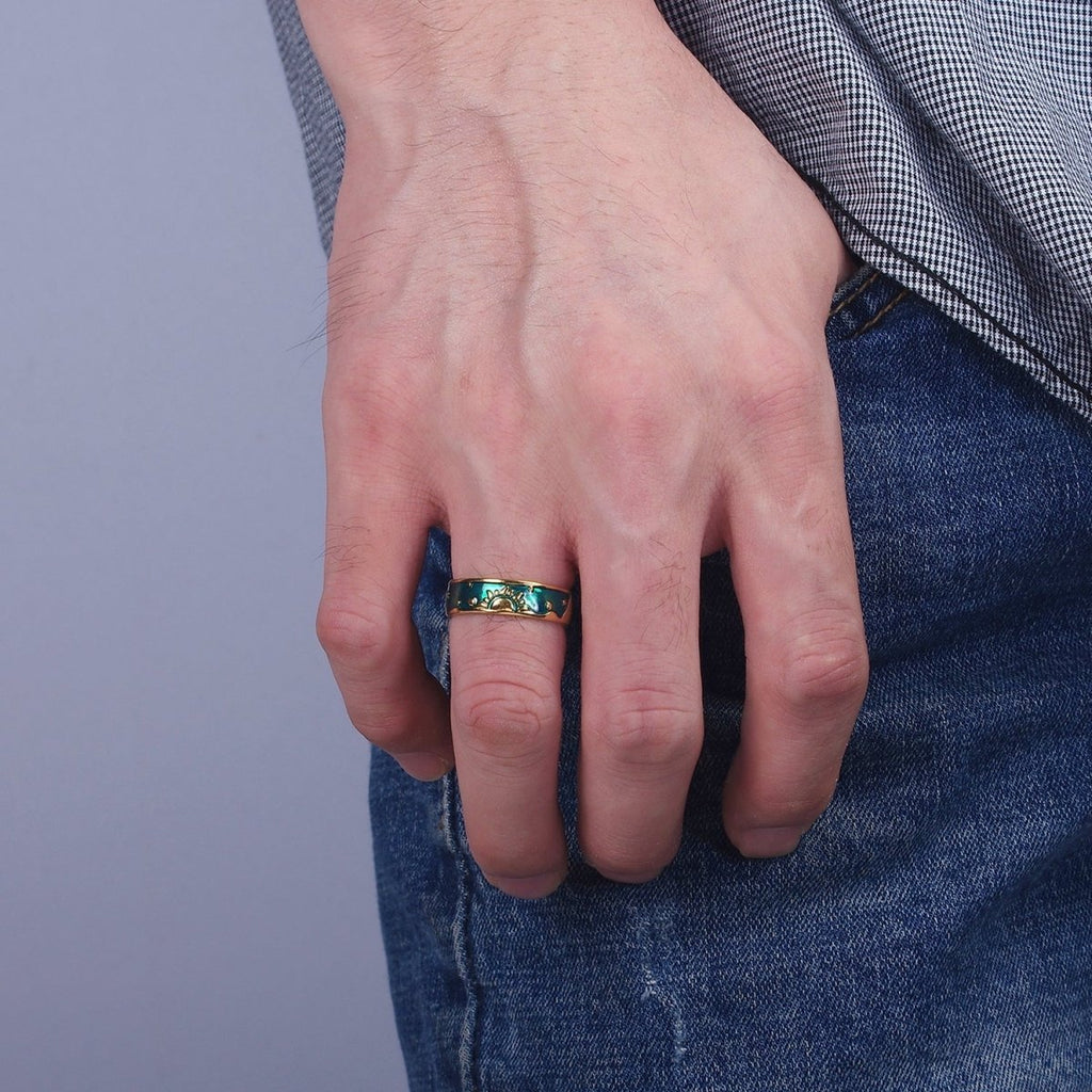 14K Gold plated Celestial Sun Crescent Moon Blue Band Ring Set in Silver & Gold | O1070 O1071