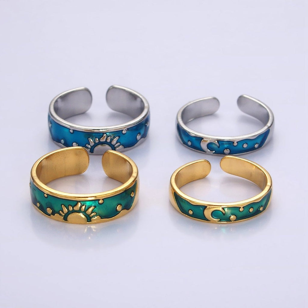 14K Gold plated Celestial Sun Crescent Moon Blue Band Ring Set in Silver & Gold | O1070 O1071