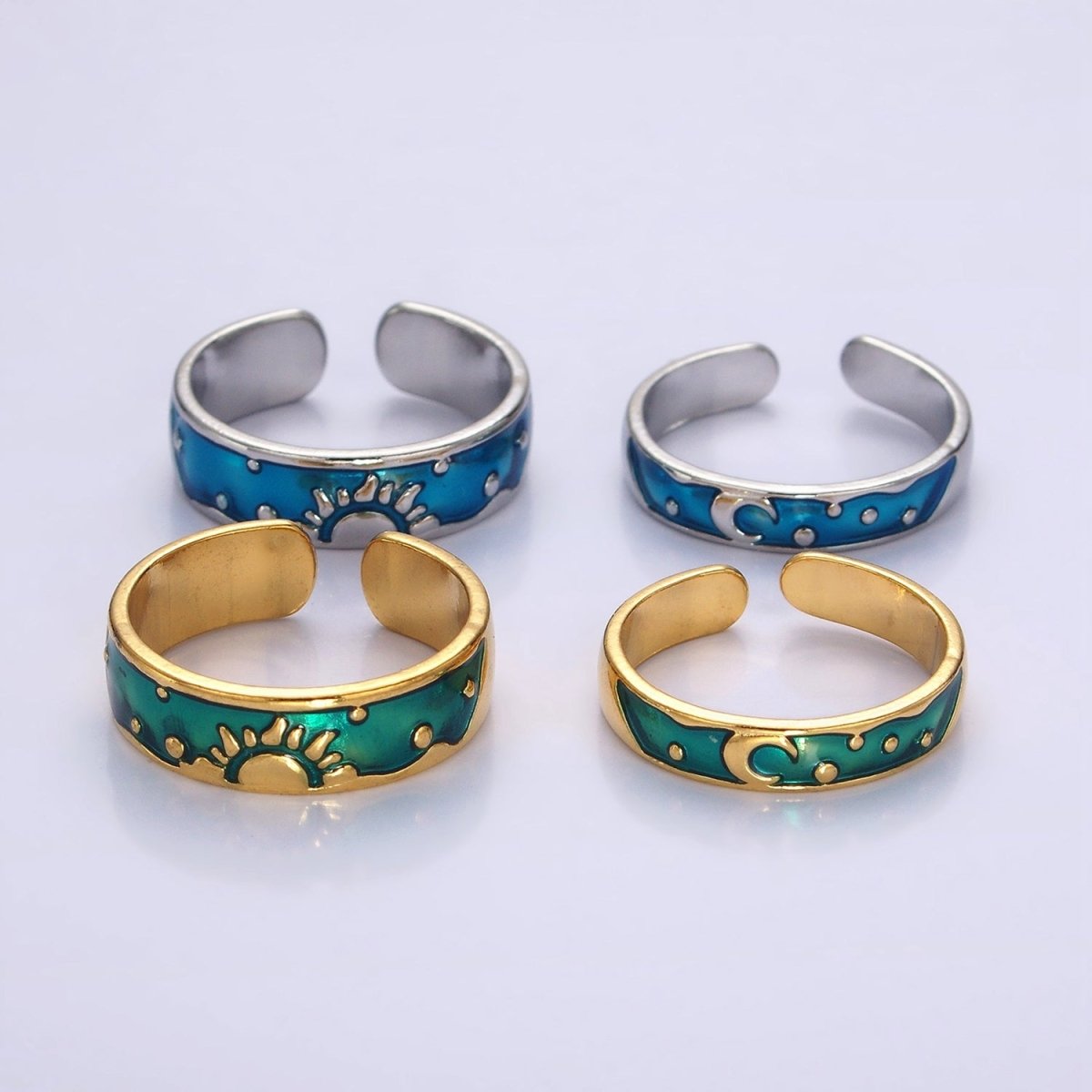 14K Gold plated Celestial Sun Crescent Moon Blue Band Ring Set in Silver & Gold | O1070 O1071
