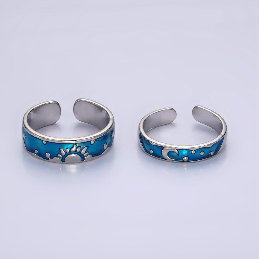 14K Gold plated Celestial Sun Crescent Moon Blue Band Ring Set in Silver & Gold | O1070 O1071