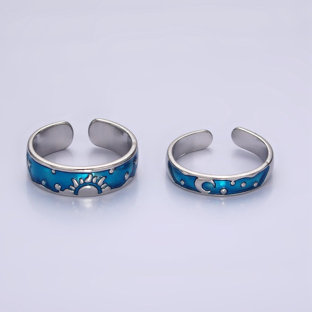 14K Gold plated Celestial Sun Crescent Moon Blue Band Ring Set in Silver & Gold | O1070 O1071
