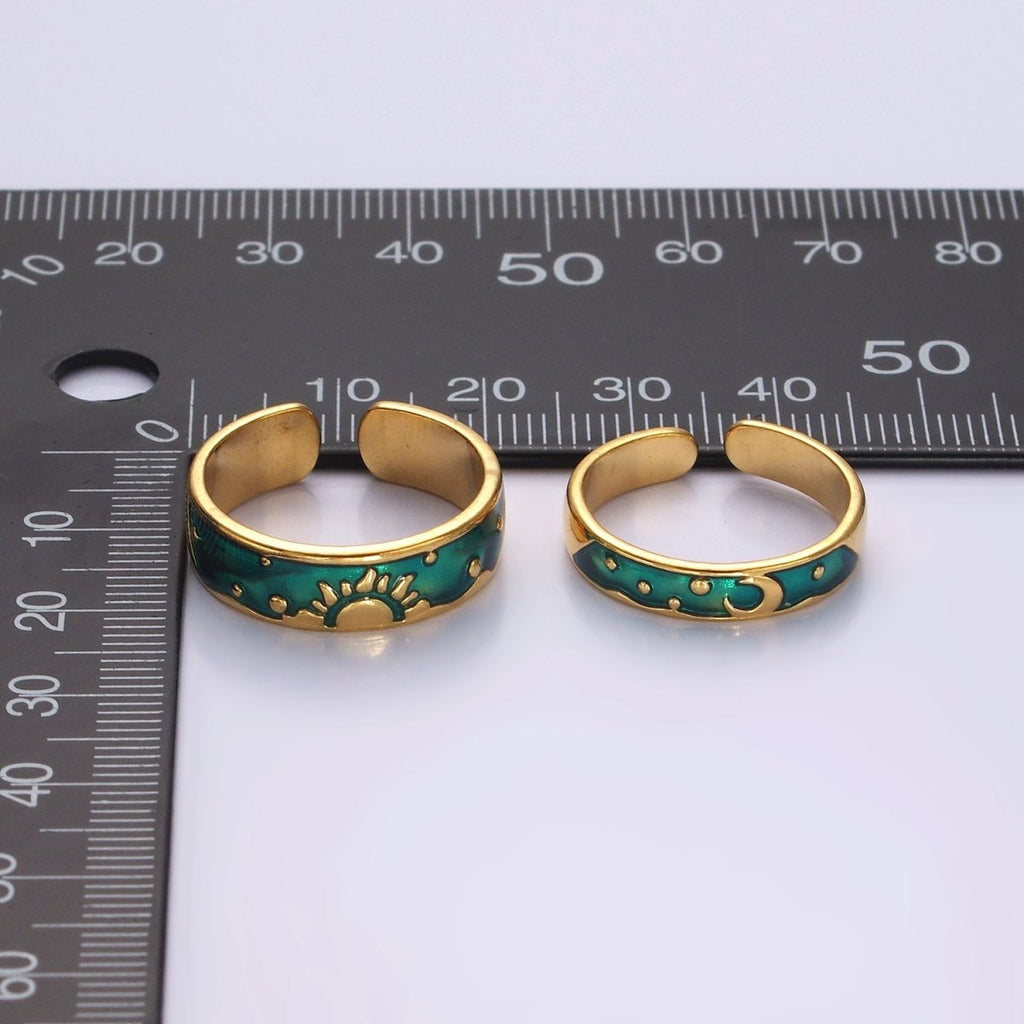 14K Gold plated Celestial Sun Crescent Moon Blue Band Ring Set in Silver & Gold | O1070 O1071