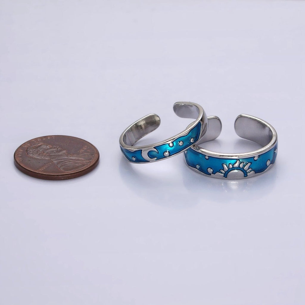 14K Gold plated Celestial Sun Crescent Moon Blue Band Ring Set in Silver & Gold | O1070 O1071