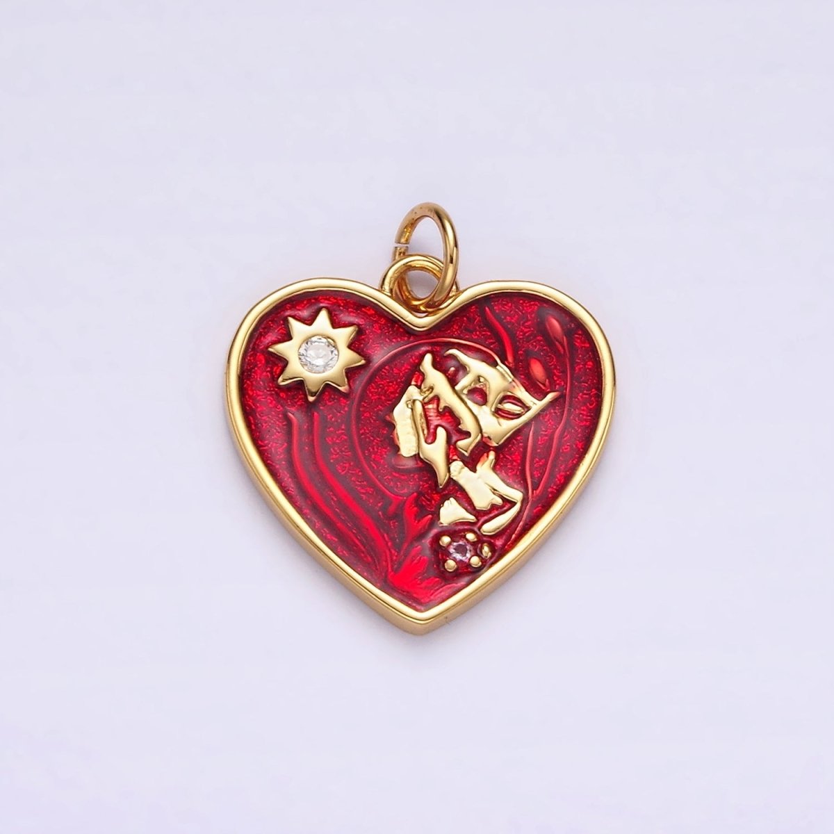 14K Gold plated Celestial Sun CZ Abstract Red Heart Charm | AG401 - DLUXCA