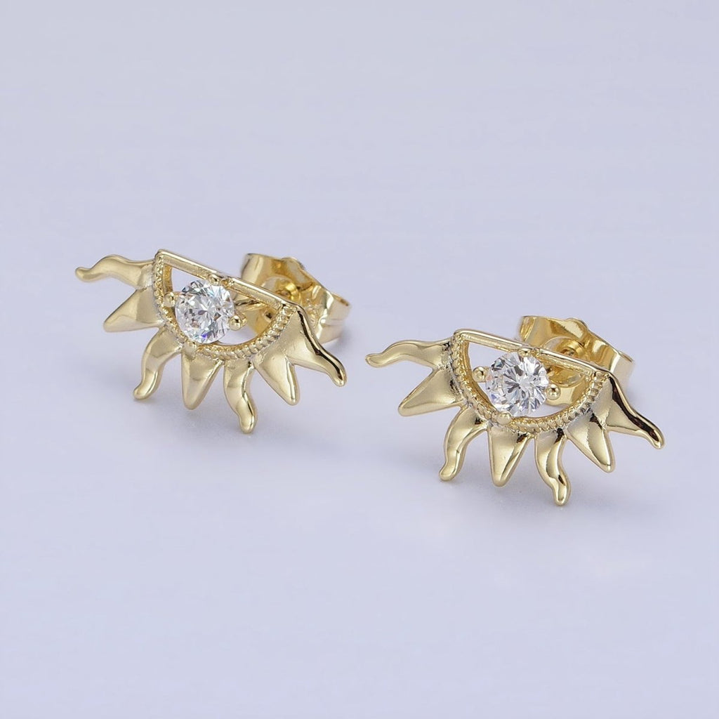 14K Gold plated Celestial Sun Ray Beam Evil Eye Clear CZ Stud Earrings | AD1386 - DLUXCA