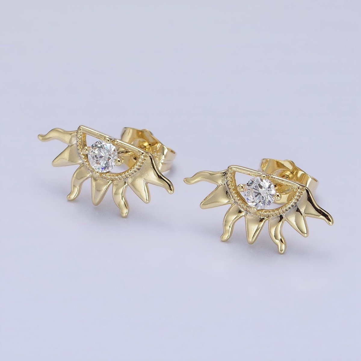 14K Gold plated Celestial Sun Ray Beam Evil Eye Clear CZ Stud Earrings | AD1386 - DLUXCA