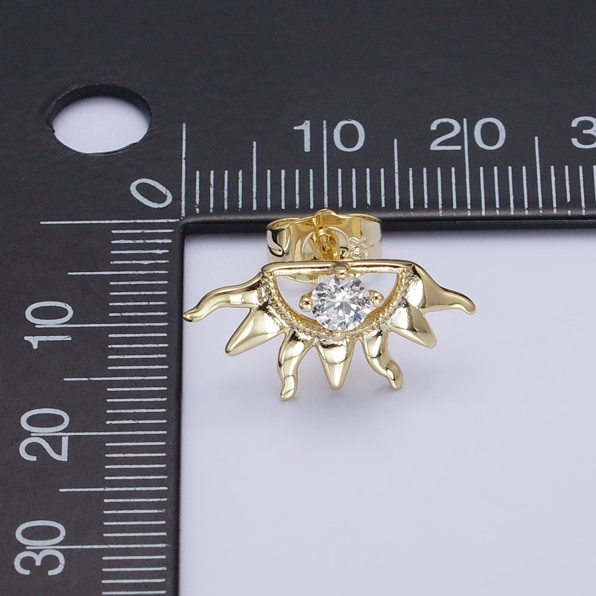 14K Gold plated Celestial Sun Ray Beam Evil Eye Clear CZ Stud Earrings | AD1386 - DLUXCA