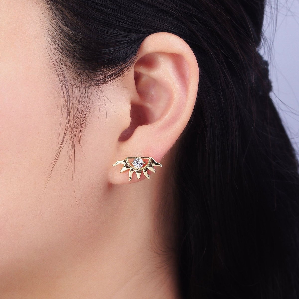 14K Gold plated Celestial Sun Ray Beam Evil Eye Clear CZ Stud Earrings | AD1386 - DLUXCA