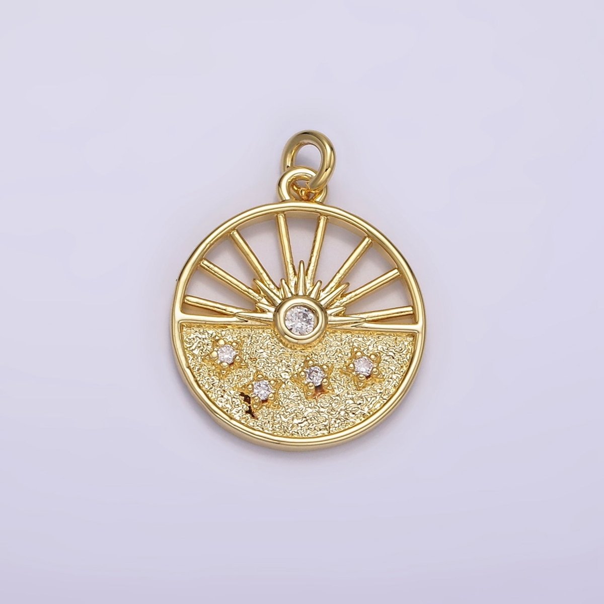 14K Gold plated Celestial Sun Ray Stars Hammered Open Round Charm | AG284 - DLUXCA