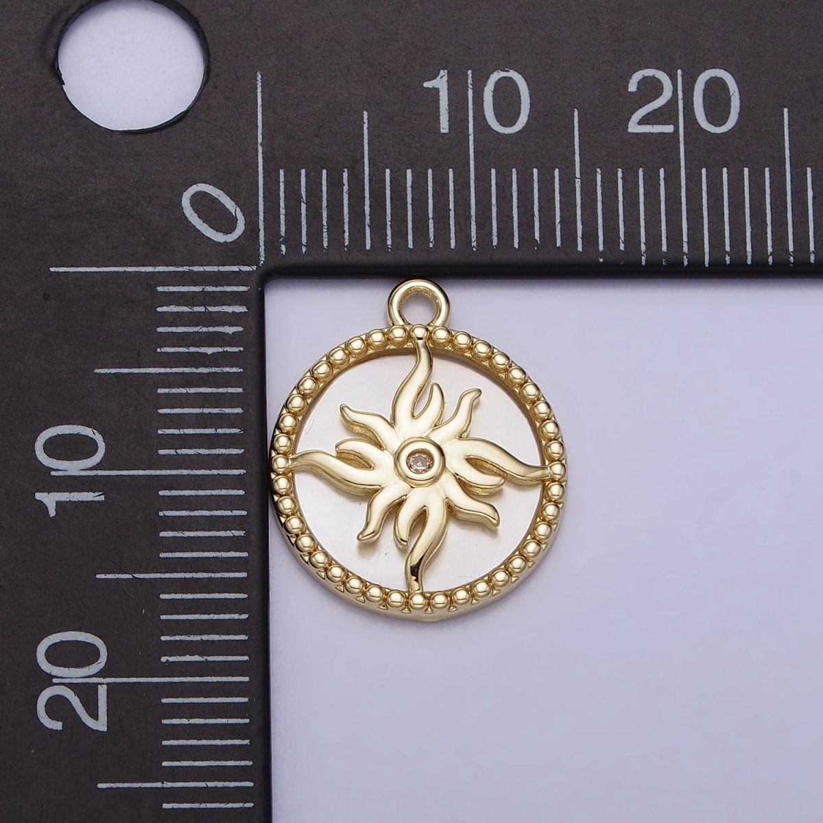 14K Gold plated Celestial Sun Shell Pearl Clear CZ Beaded Round Charm | AC1056 - DLUXCA