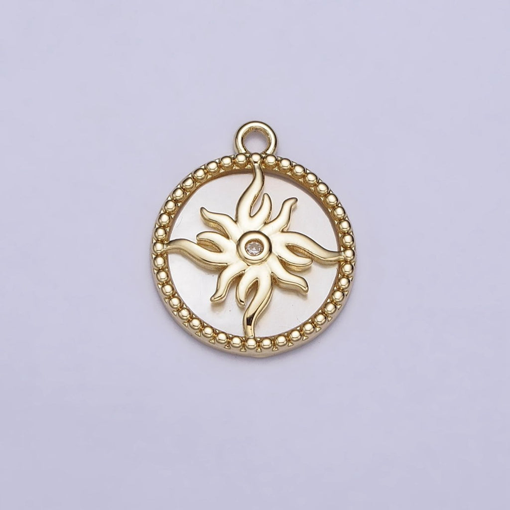 14K Gold plated Celestial Sun Shell Pearl Clear CZ Beaded Round Charm | AC1056 - DLUXCA